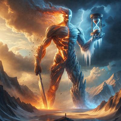 The primary subject of the image is a large, fire-breathing creature, possibly a demon or a monster, standing in a barren, snowy landscape. The creature is holding a clock in its hand, adding a unique and intriguing element to the scene. The setting is a desolate, snow-covered mountain range, with a clock tower visible in the background. The visual style of the image is digital art, creating a dramatic and captivating atmosphere. The dominant colors are shades of gray, black